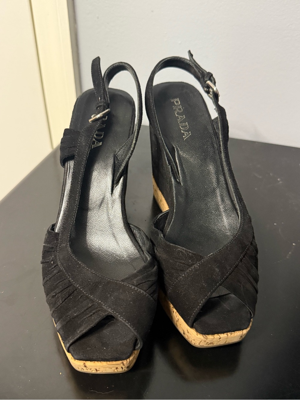 Prada Black Suede Cork Platform Slingback Sandals